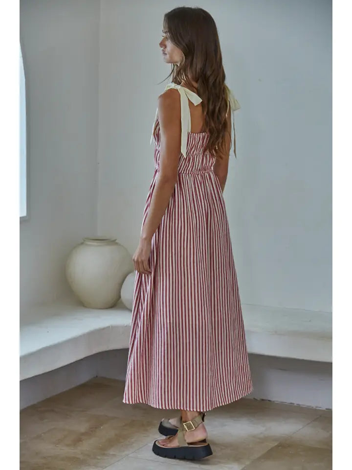 Striped Sleeveless Midi Dress - Red