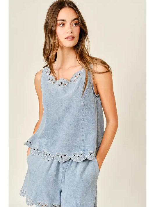 Embroidered Sleeveless Denim Top - Light Denim