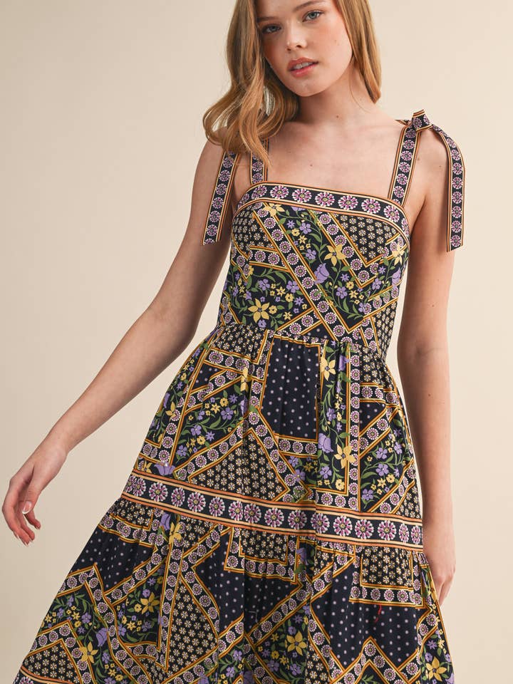 Floral Patchwork Midi Dress - Deep Navy Multi