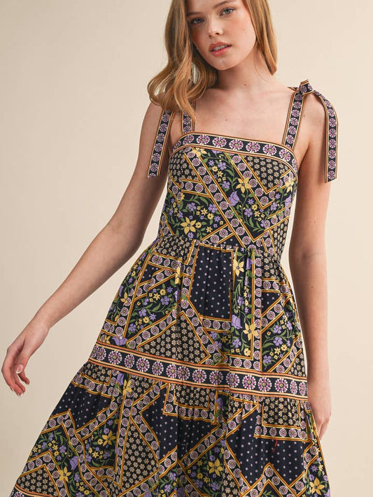 Floral Patchwork Midi Dress - Deep Navy Multi