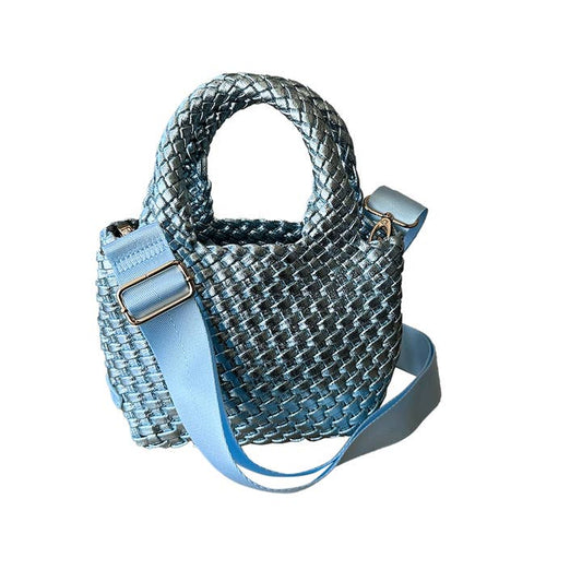 Leah Petite Metallic Woven Tote - Light Blue