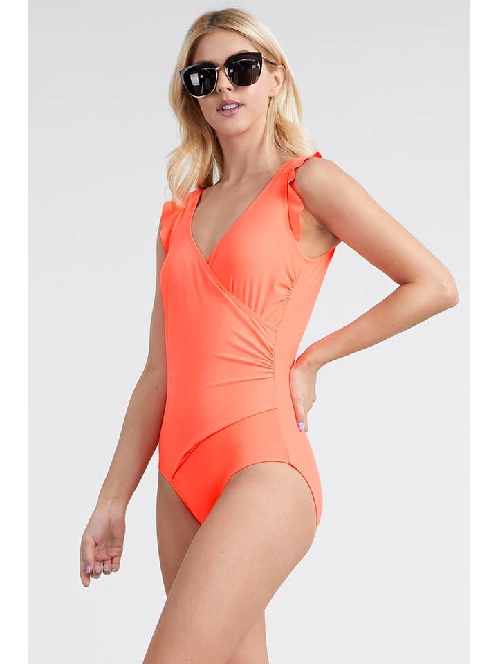 Ruffle Wrap Tie Swimsuit - Coral