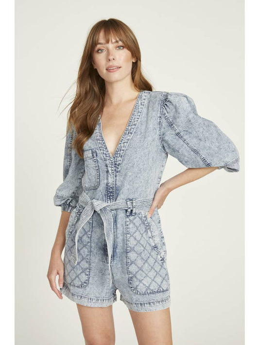 Quilted Denim Romper - Acid Wash