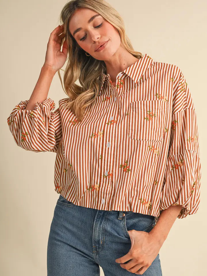 Embroidered Bubble Sleeve Button Down - Amber Stripe Floral
