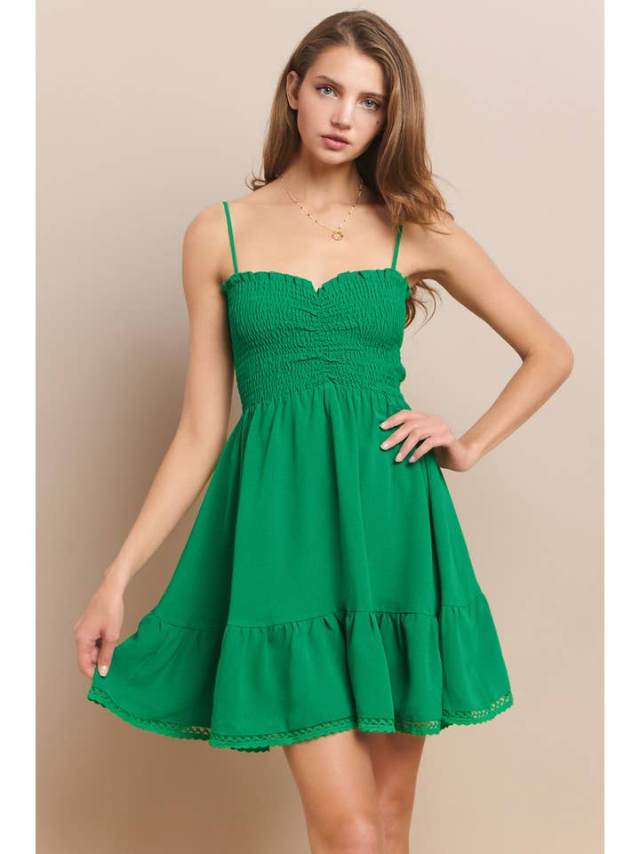 Smocked Babydoll Mini Dress - Kelly Green