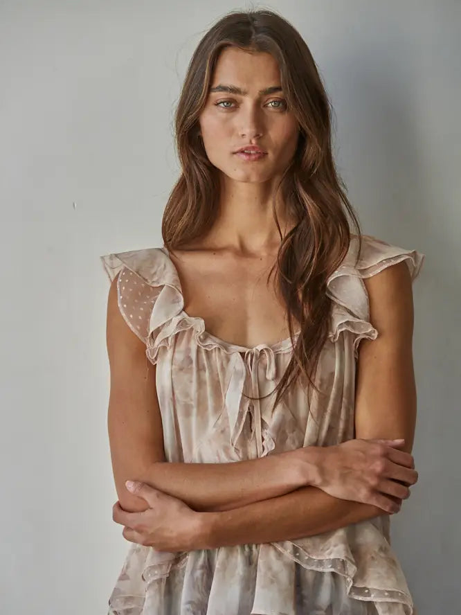 Floral Ruffle V-Neck Top - Rose Taupe