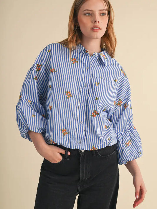 Embroidered Bubble Sleeve Button Down - Blue Stripe Floral