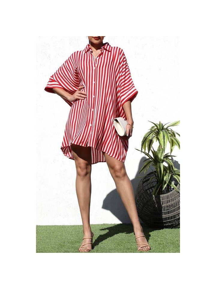 Woven Striped Shirt Dress - Red