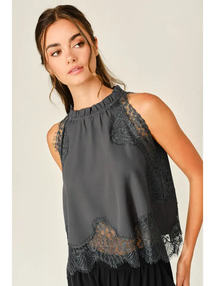 Lace Trim Ruffle Neck Blouse Top - Grey