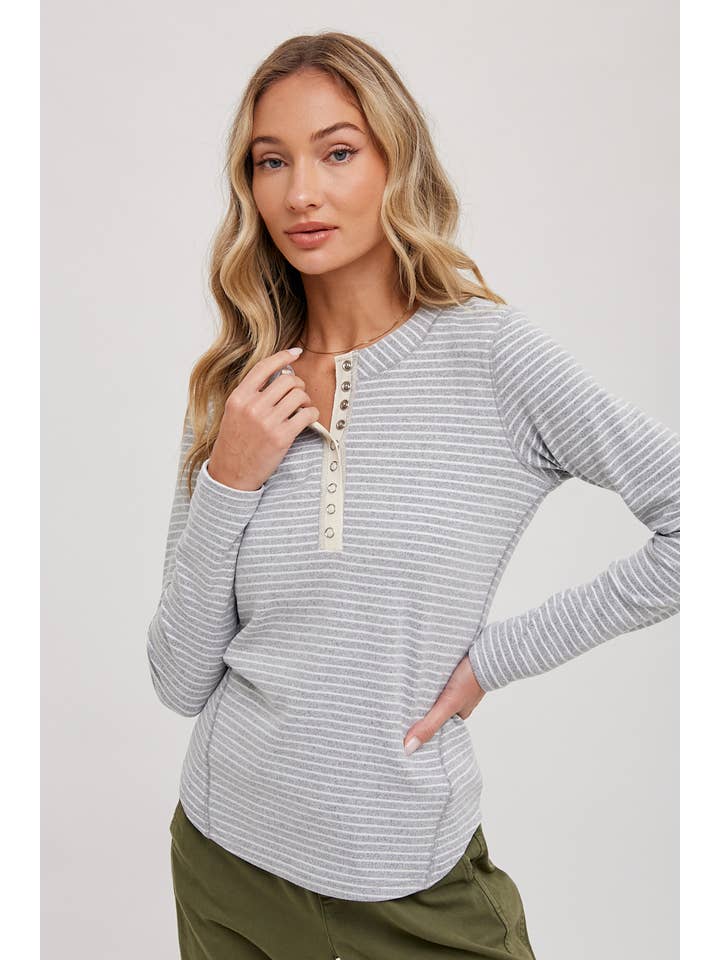 Striped Henley Top - Heather Grey