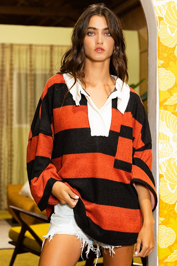 Rugby Stripe Pullover Top - Rust