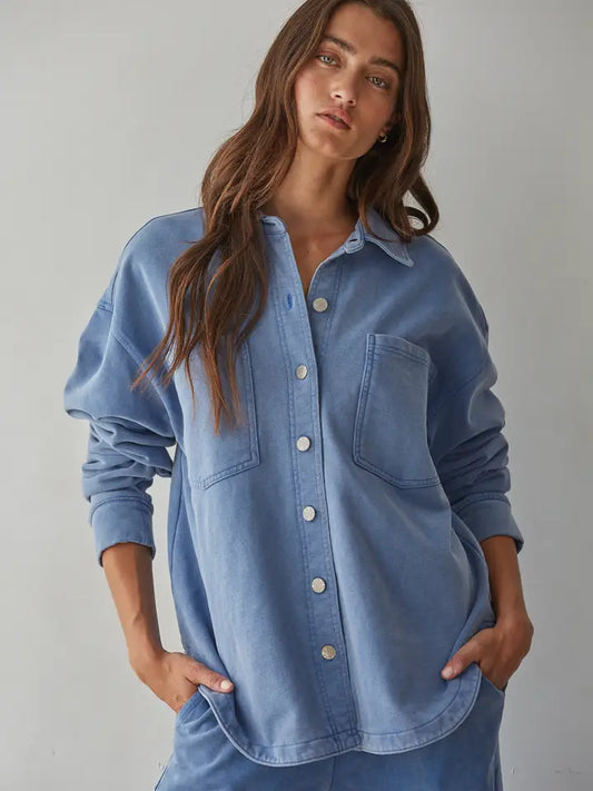 Knit Collared Button Down - Light Denim