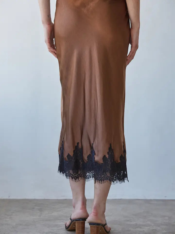 Lace Detail Satin Midi Skirt - Brown Black