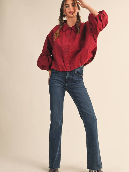 Bubble Sleeve Button Down - Burgundy