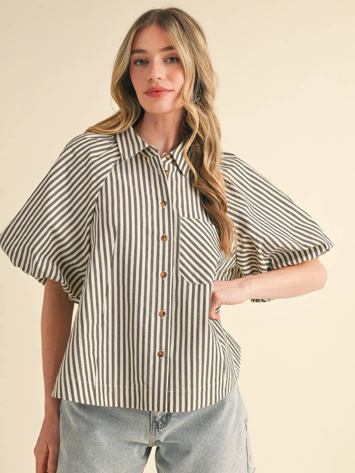 Striped Bubble Sleeve Button Down - Black