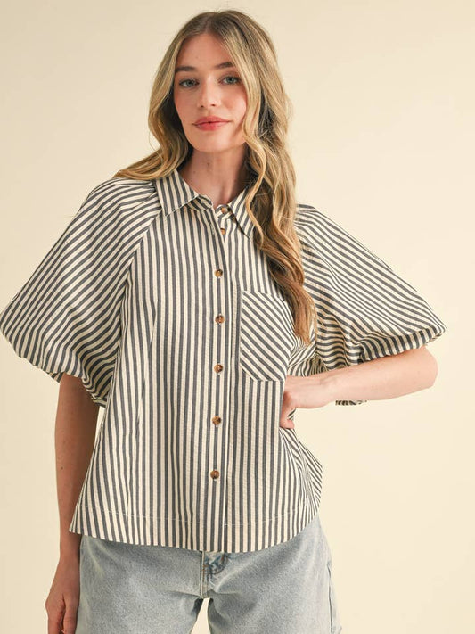 Striped Bubble Sleeve Button Down - Black