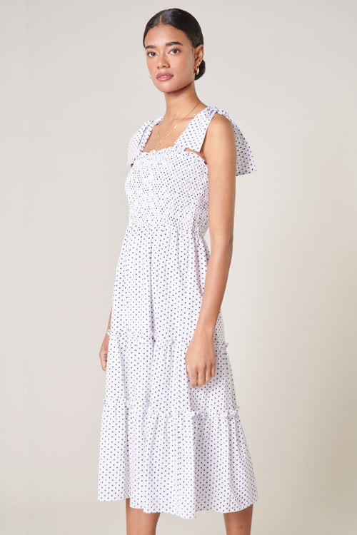 Say So Smocked Midi Dress - White/Navy Dot