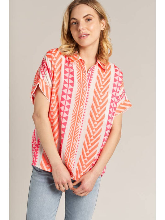 Short Sleeve Embroidered Button Down - White, Pink, Orange