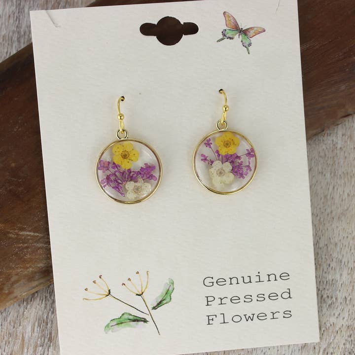 Dried Floral Earrings - Cottage Purple Yellow