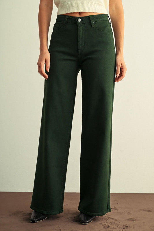 The Stretchy Wide Leg Jean - Dark Green Forrest