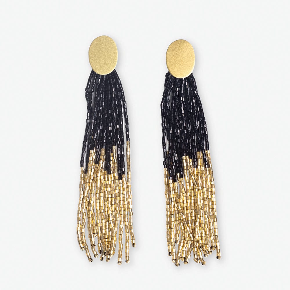 Mae Oval Beaded Tassel Earrings - Black