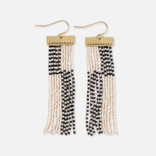 Lana Rectangle Striped Beaded Fringe Earrings - Black & White