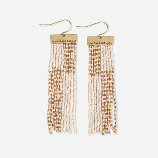 Lana Rectangle Striped Beaded Fringe Earrings - Ivory & Gold