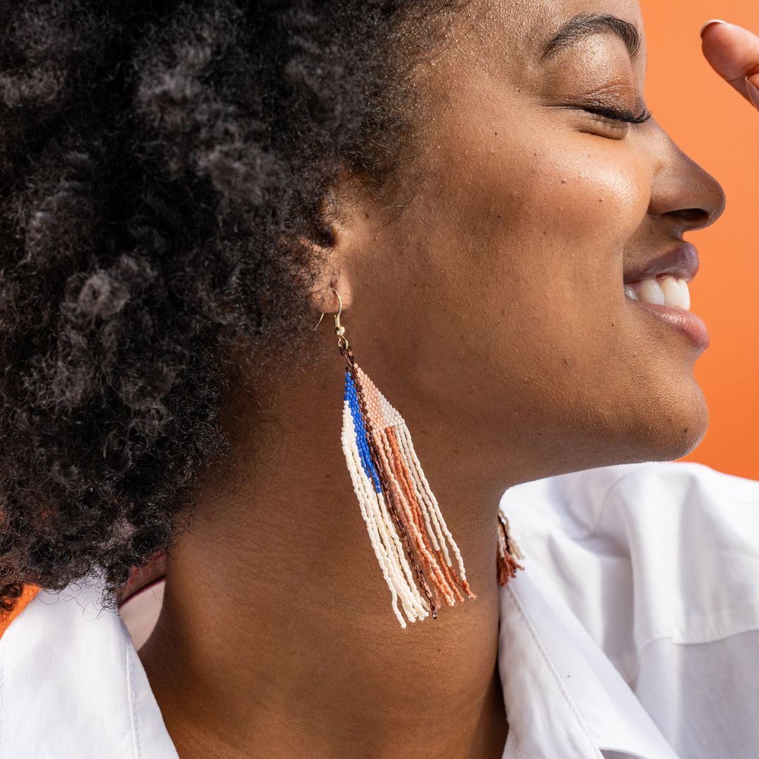 Camielle Beaded Fringe Earrings - Rust & Lapis