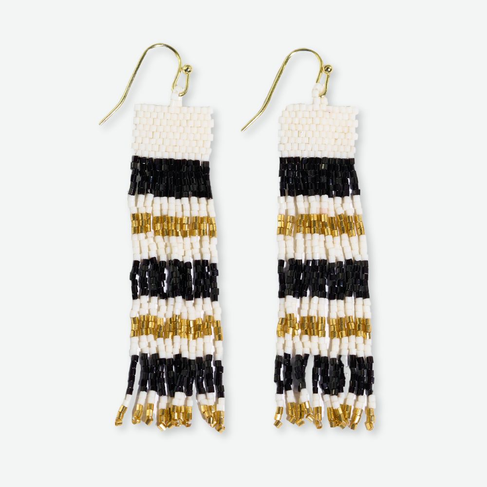 Billie Striped Beaded Fringe Earrings - Black & Gold