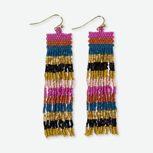 Billie Striped Beaded Fringe Earrings - Jewel