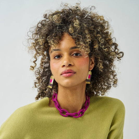 Jenna Chain Link Beaded Necklace - Magenta