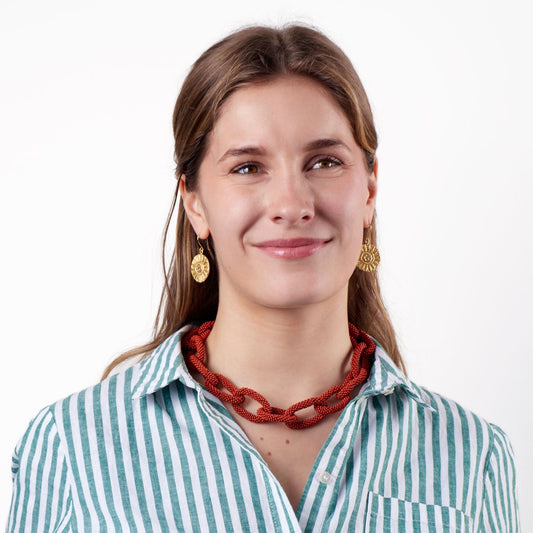 Jenna Chain Link Beaded Necklace - Rust