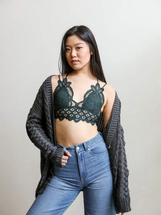 Crochet Lace Longline Bralette - Emerald
