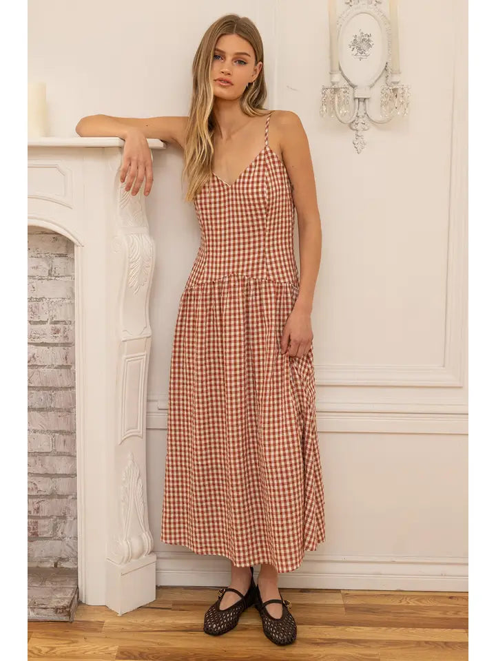 Gingham Sweetheart Midi Dress - Warm Brown