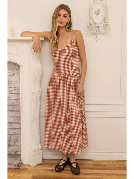Gingham Sweetheart Midi Dress - Warm Brown