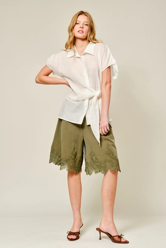 Lace Detail Classic Long Shorts - Olive
