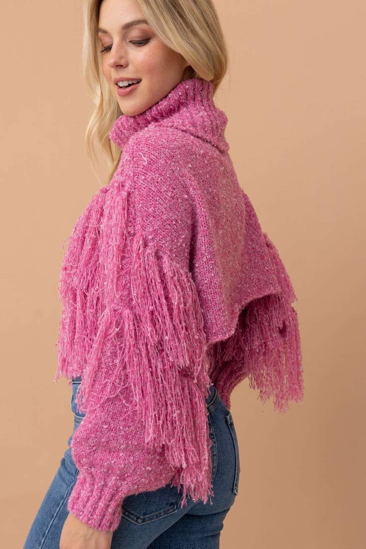 Fringe Cropped Sweater - Pink