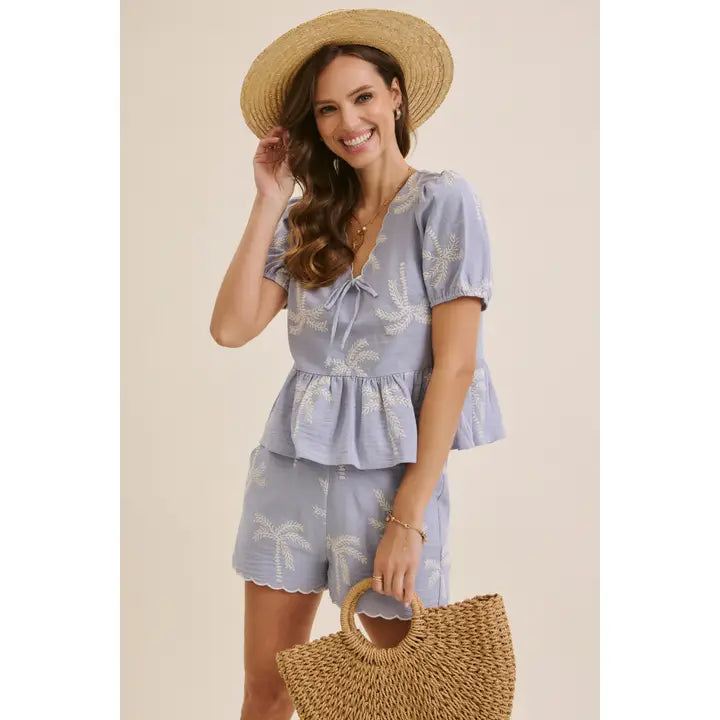 Embroidered Gauze Blouse - Sky Blue