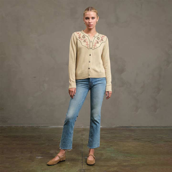 Embroidered Knit Cardigan - Beige