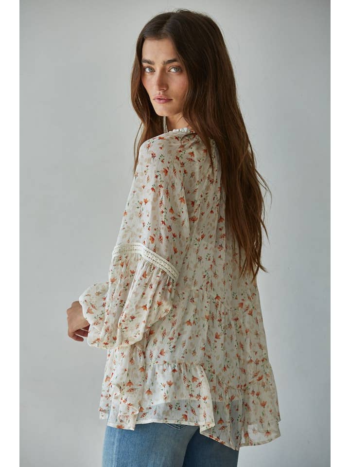 Floral Print Wide Neck Top - Ivory Multi