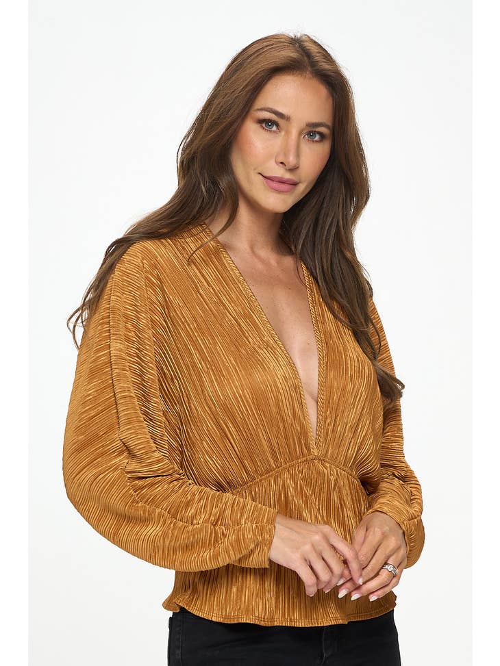 Plissé Dolman Sleeve Top - Caramel