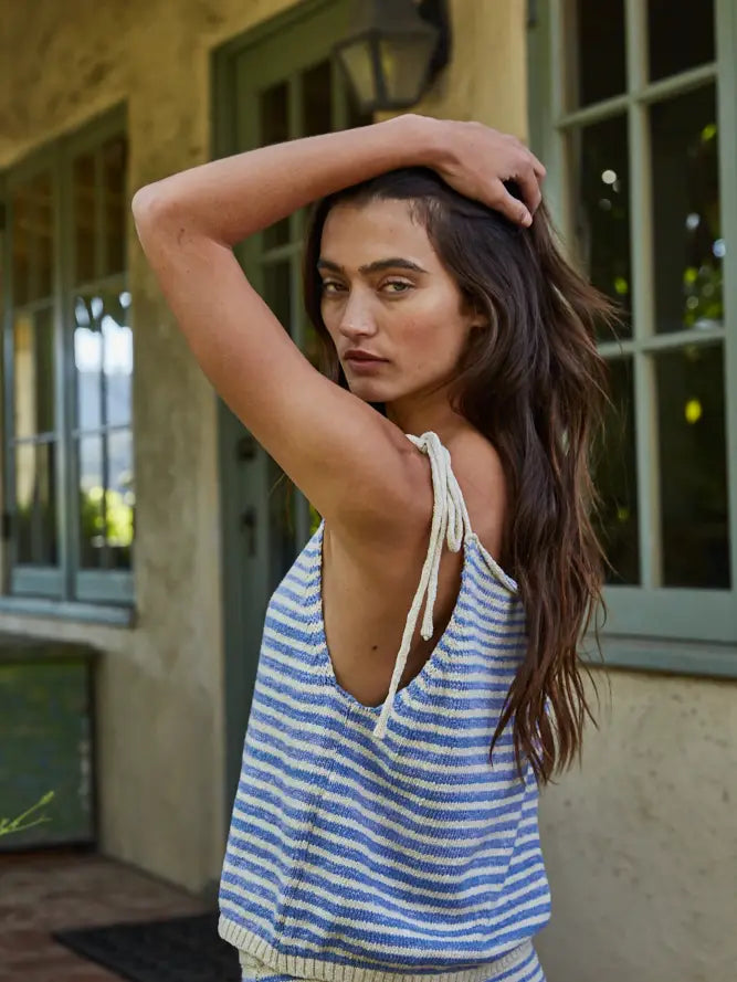 Striped Spaghetti Tie Strap Top - Blue Natural