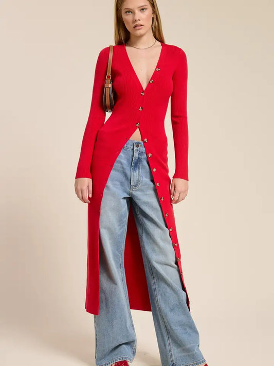 Ribbed Cardigan Midi Dress - Red