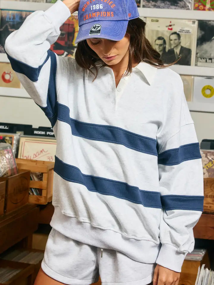 Contrast Collar Blocked Rugby Pullover - Grey/Navy