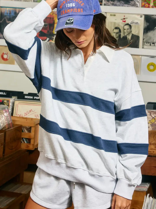 Contrast Collar Blocked Rugby Pullover - Grey/Navy