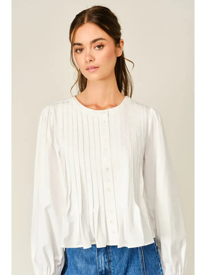 Pleated Babydoll Puff Sleeve Blouse - Off White