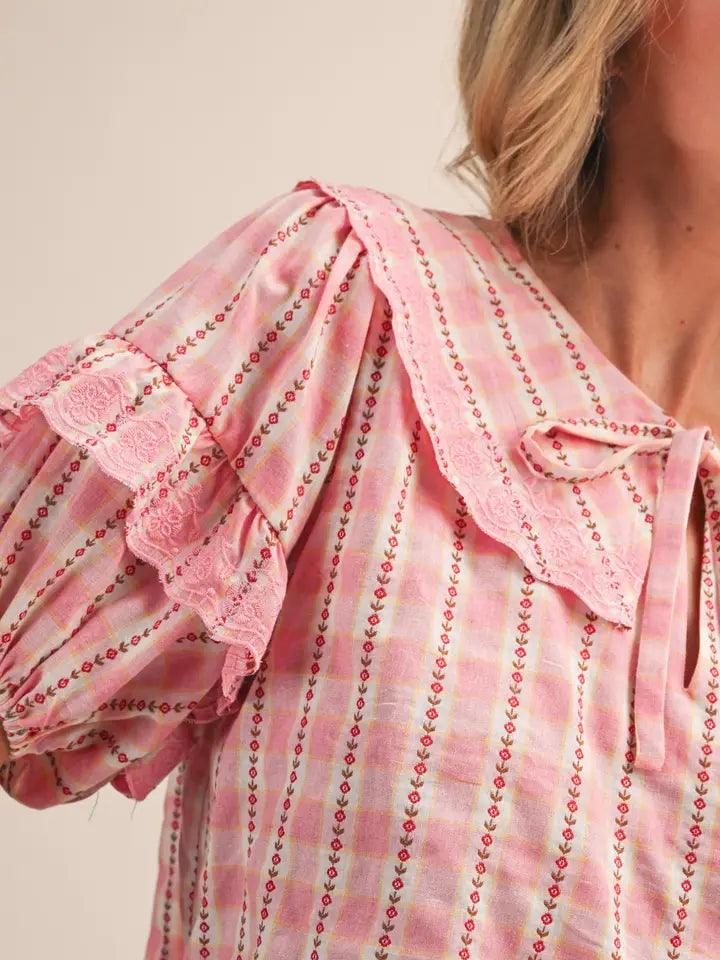 Embroidered Doll Collar Top - Pink Gingham