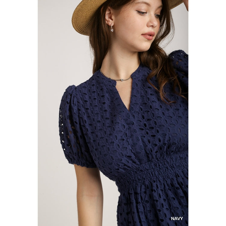 Puff Sleeve Lace Mini Dress - Navy