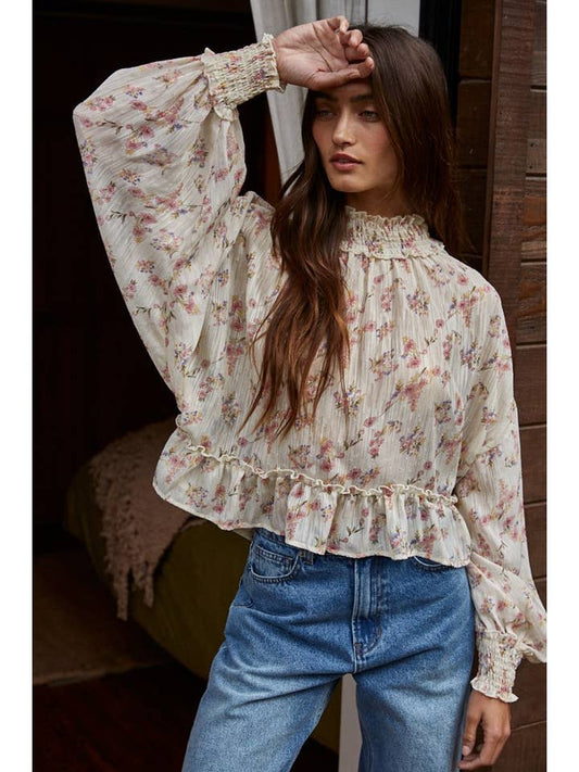 Floral Mock Neck Blouse - Cream Multi