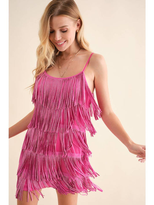 Western Fringe Mini Dress - Hot Pink